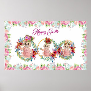Affiche Joyeux Bunny de Pâques Aquarelle Floral Wreath Kid