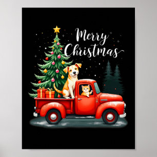 Affiche Joyeux Camion Rouge Noël Avec Chien & Chat Noë