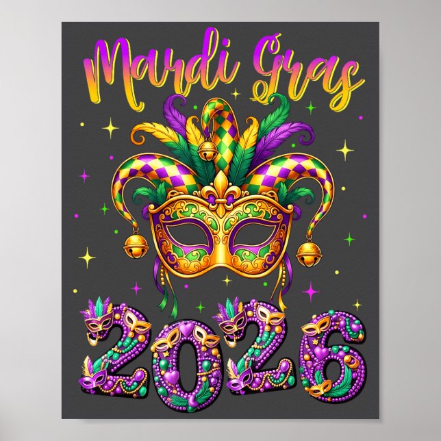Affiche Joyeux Carnaval Mardi Gras 2026 Chapeau de Bouffon (Devant)