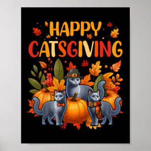 Affiche Joyeux chat de Thanksgiving Trois jolis chats bleu