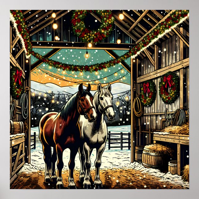 Affiche Joyeux Chevaux de Cartoon de Noël (Devant)