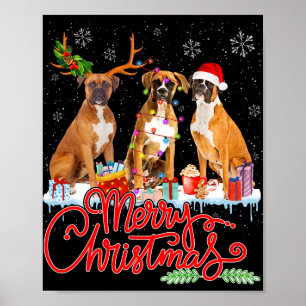 Affiche Joyeux chien de Noël Boxer Père Noël Reindeer Ligh
