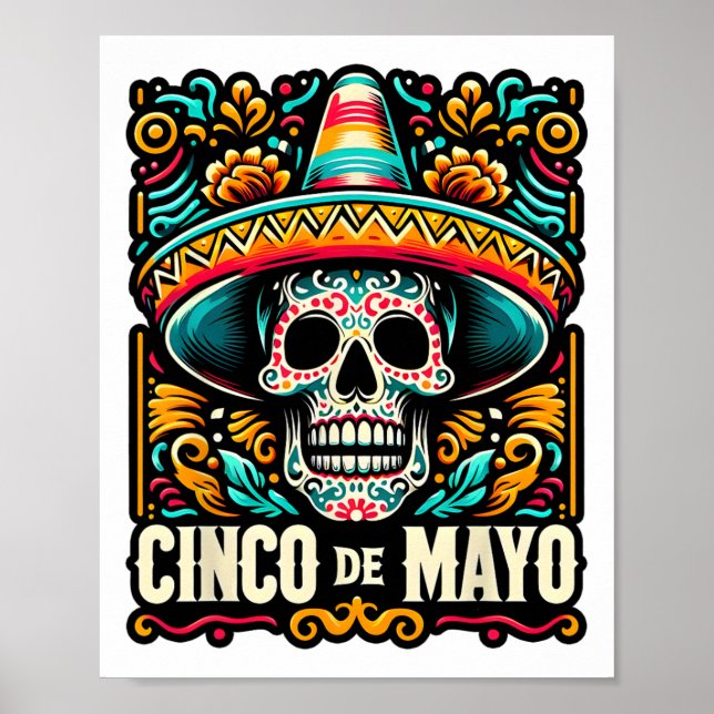 Affiche Joyeux Cinco De Mayo Skeleton Skull Sombrero Mexic (Devant)