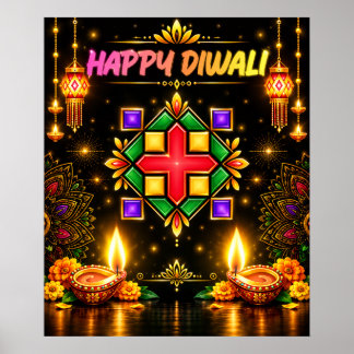 Affiche Joyeux Diwali Coloré Rangoli et Diya Traditionnel