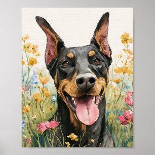 Affiche Joyeux Doberman en Fleur sauvage - Aquarelle Dog A