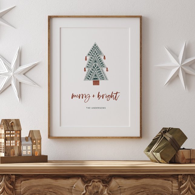 Affiche Joyeux et lumineux | Boho Christmas Tree and Scrip (A stylish and boho holiday poster, with a modern green Christmas tree and casual terracotta script)
