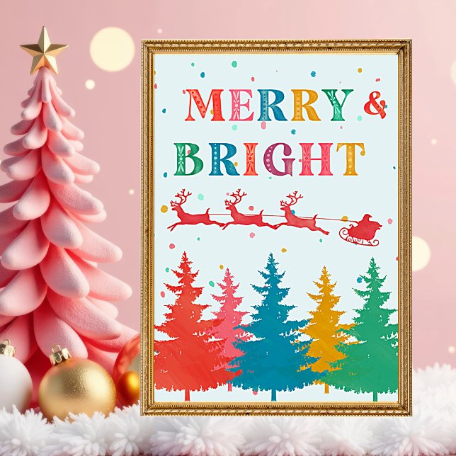 Affiche Joyeux et lumineux Noël coloré (Merry and Bright Colorful Christmas wall art. Hand painted typography and holiday details.)