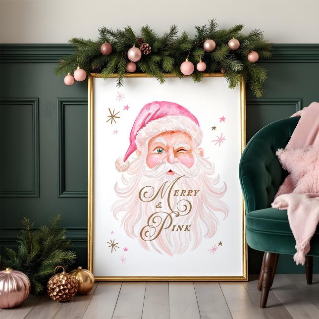 Affiche Joyeux et rose classique Noël Retro Père Noël rose (Merry & Pink Classic Christmas Retro Pink Santa Poster)
