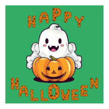 Joyeux fantôme d'Halloween assis sur un citrouille