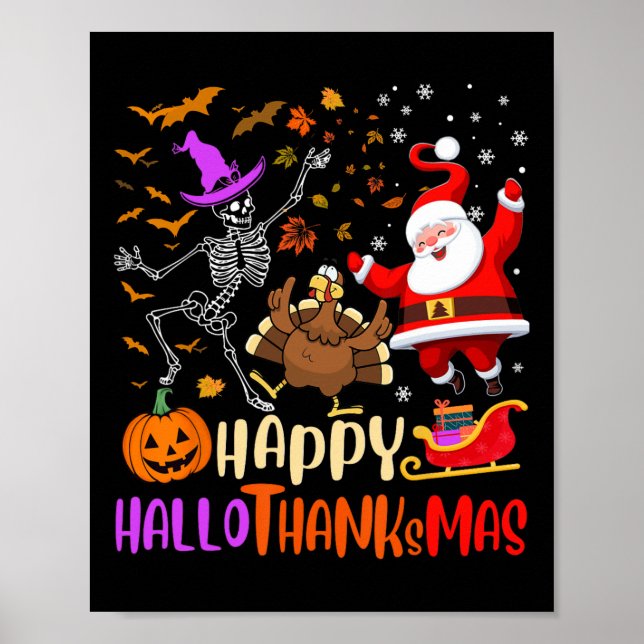 Affiche Joyeux Hallothanksmas Squelette Citrouille Turquie (Devant)