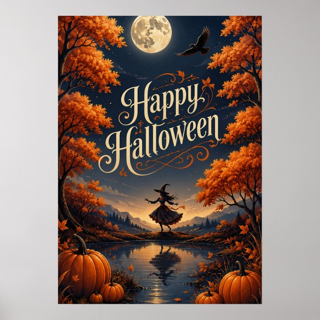 Affiche Joyeux Halloween Automne Enchanté Citrouille (Devant)