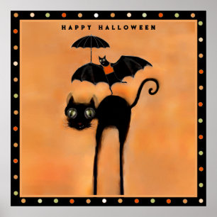 Affiche Joyeux Halloween Chat Noir et Acrobate