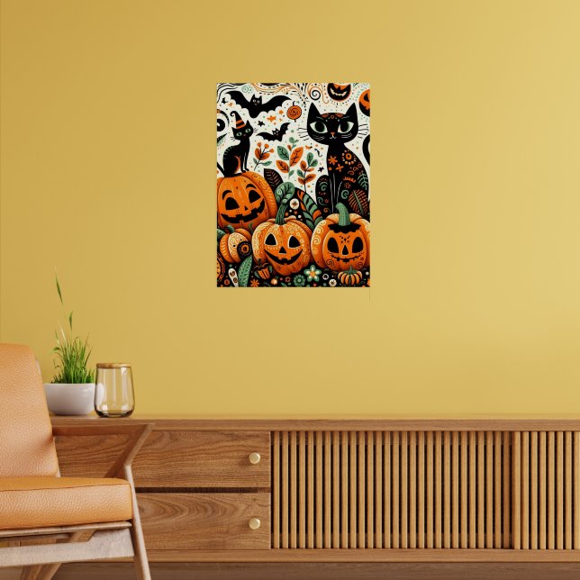 Affiche Joyeux Halloween Citrouille Patch Chat Noir (Salon 2)