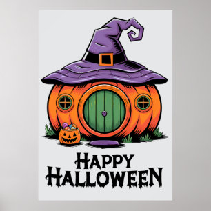 Affiche Joyeux Halloween Cottage Citrouille & Chapeau de S