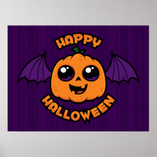 Affiche Joyeux Halloween Kawaii Citrouille Éffrayante Cute