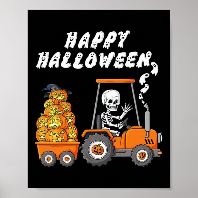 Affiche Joyeux Halloween Skeleton équitation Tracteur Garç (Devant)