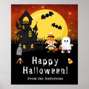 Affiche Joyeux Halloween Sorcière Fantôme Signe de Fête Or