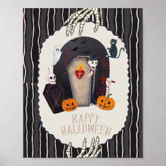 Affiche Joyeux Halloween squelette et chat noir design vin