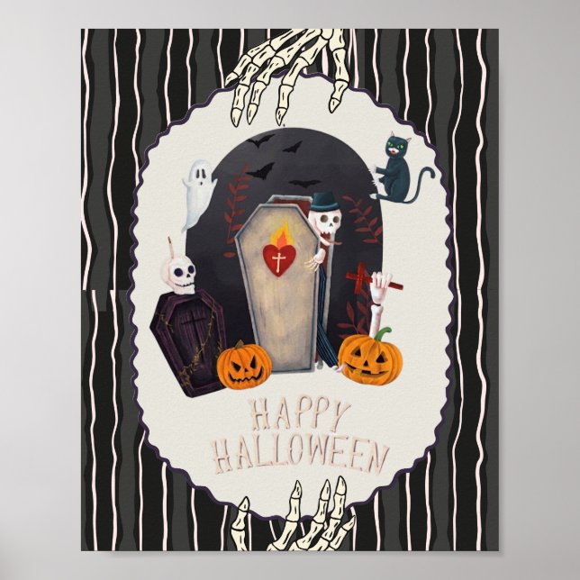 Affiche Joyeux Halloween squelette et chat noir design vin (Devant)