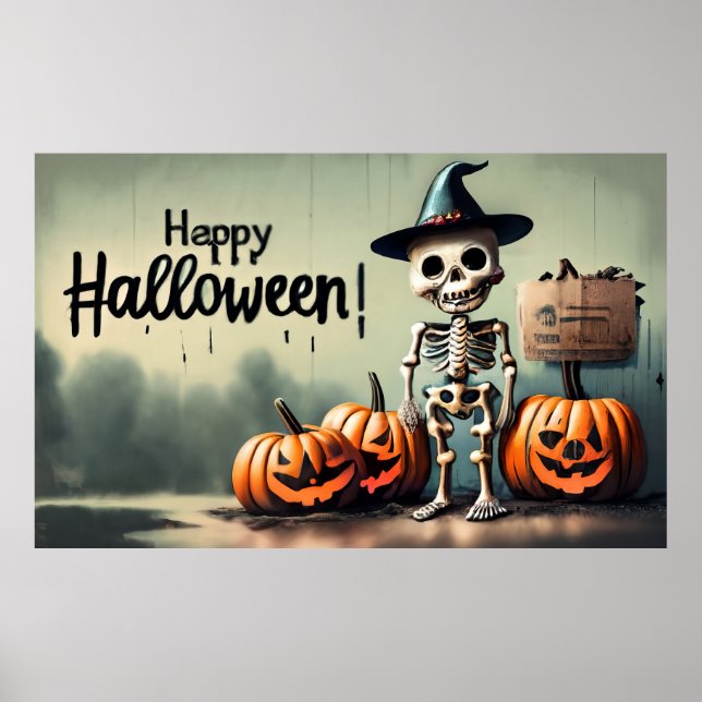 Affiche Joyeux Halloween ! Squelette mignon (Devant)