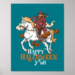 Affiche Joyeux Halloween Y'all Cowboy Ghost Riding Horse
