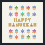 Affiche Joyeux Hanoukka Dreidels and Stars<br><div class="desc">Un design Hanoukka amusant et festif avec des rêves et des étoiles colorés. Un design moderne,  non traditionnel,  et motif avec des dreidels stylisés et des formes géométriques Star of David.</div>
