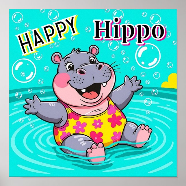 Affiche Joyeux Hippo | Belle caricature de l'art de la pép (Devant)