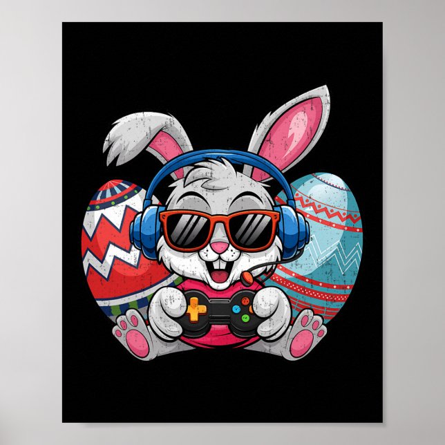 Affiche Joyeux Jour de Pâques Joli Bunny Jouer Jeu Vidéo E (Devant)