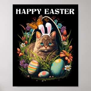 Affiche Joyeux Jour de Pâques Lapin Chat Oeufs Panier Homm