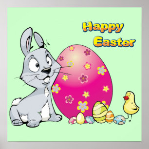 Affiche Joyeux lapin de Pâques et bébé poussin