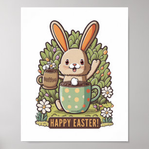 Affiche Joyeux Lapin de Pâques Floral Oeuf Chasse Louveur 