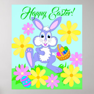 Affiche Joyeux lapin de Pâques mignonne Cartoon Fleurs de 