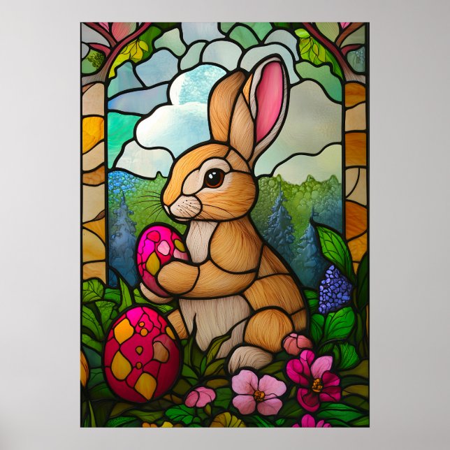 Affiche Joyeux Lapin de Pâques Vitrail Religion (Devant)