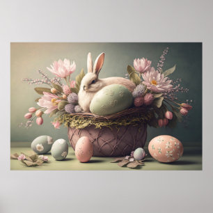 Affiche Joyeux lapin et oeufs de Pâques, couleurs pastel P