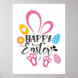 Affiche Joyeux lapin mignon de Pâques avec oeufs de Pâques