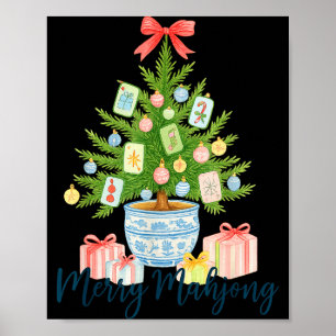 Affiche Joyeux Mahjong Arbre de Noël Chinoiserie Fêtes