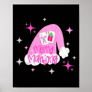 Affiche Joyeux Mahjong Noël Chapeau Santa Xmas Chinoiserie