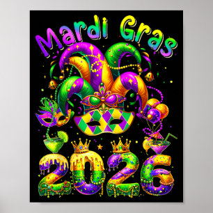 Affiche Joyeux mardi gras 2026 chapeau de bouffon hommes d