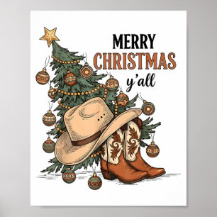 Affiche Joyeux Noël à tous Western Cowboy Boots Chapeau Xm