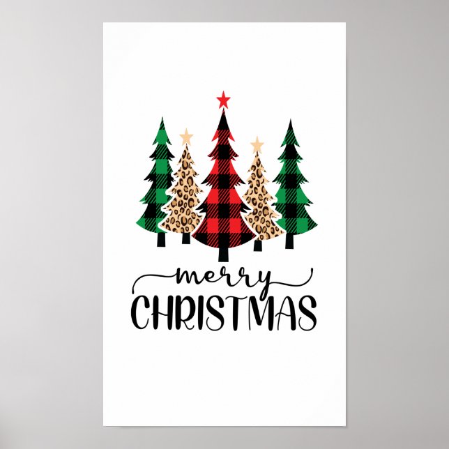 Affiche Joyeux Noël Arbres à Carreaux Rouges Verts (Devant)
