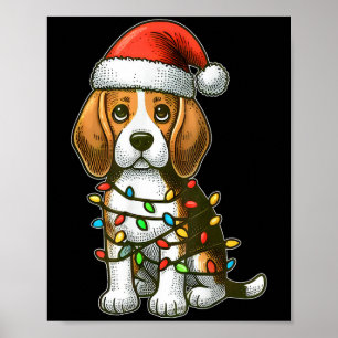 Affiche Joyeux Noël Beagle Santa Lumières de Noël Chien
