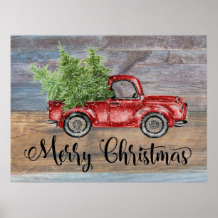 Affiche Joyeux Noël Bois Rustique Et Chariot Rouge