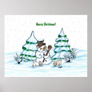 Affiche Joyeux Noël ! Bonhomme de neige avec chat et chiot