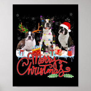 Affiche Joyeux Noël Boston Terrier Père Noël Reindeer Ligh