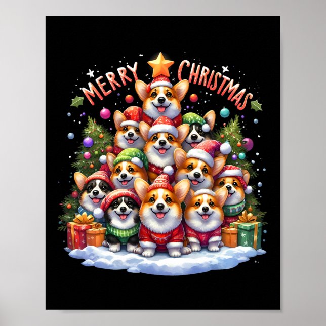 Affiche Joyeux Noël Corgi Chien de Noël Arbre de Noël X (Devant)
