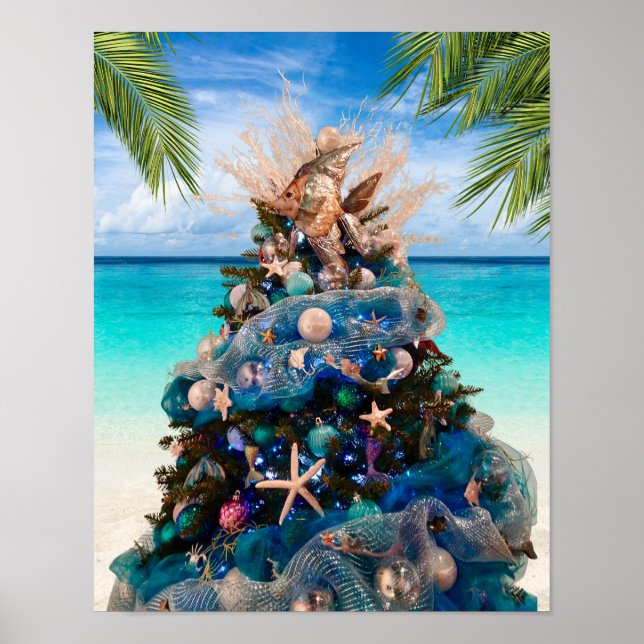 Affiche Joyeux Noël côtier Plage tropicale Holiday Tree (Devant)