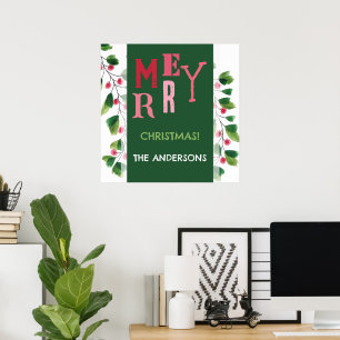 Affiche Joyeux Noël Couronne Aquarelle Rouge Et Verte