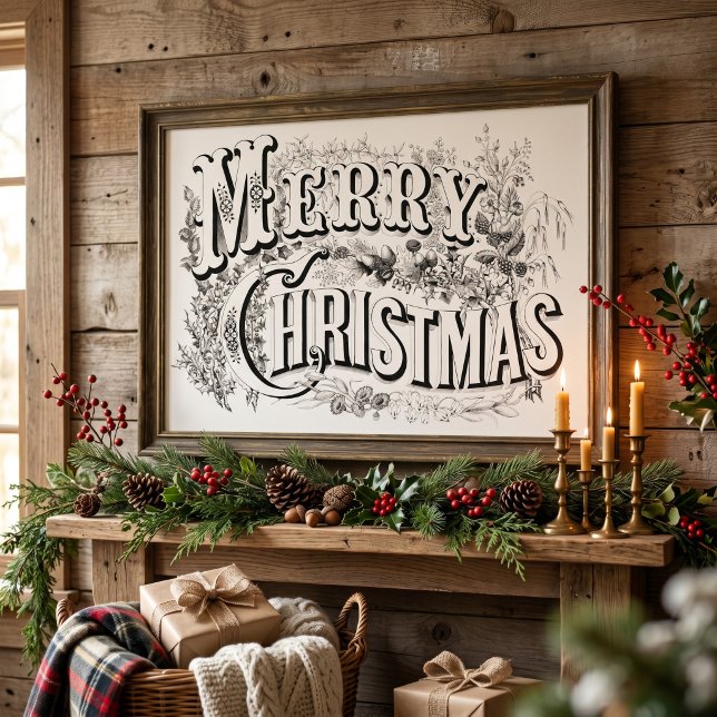Affiche Joyeux Noël, Currier & Ives vintage (reprod) (Vintage illustration Christmas image originally published by Currier & Ives - Merry Christmas, 1876)