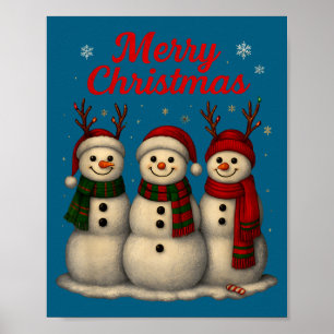 Affiche Joyeux Noël Dessin de Bonhomme de Neige Mignon