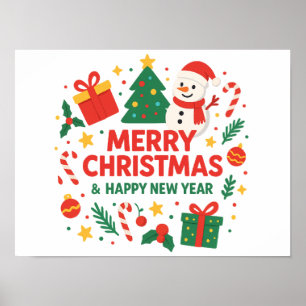 Affiche Joyeux Noël et Bonne Année Bonhomme de neige et ar